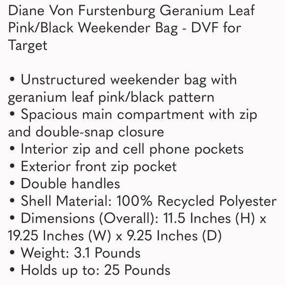 Diane Von Furstenburg Geranium Leaf Pink/Black Weekender Bag DVF for Target tote - Picture 2 of 4